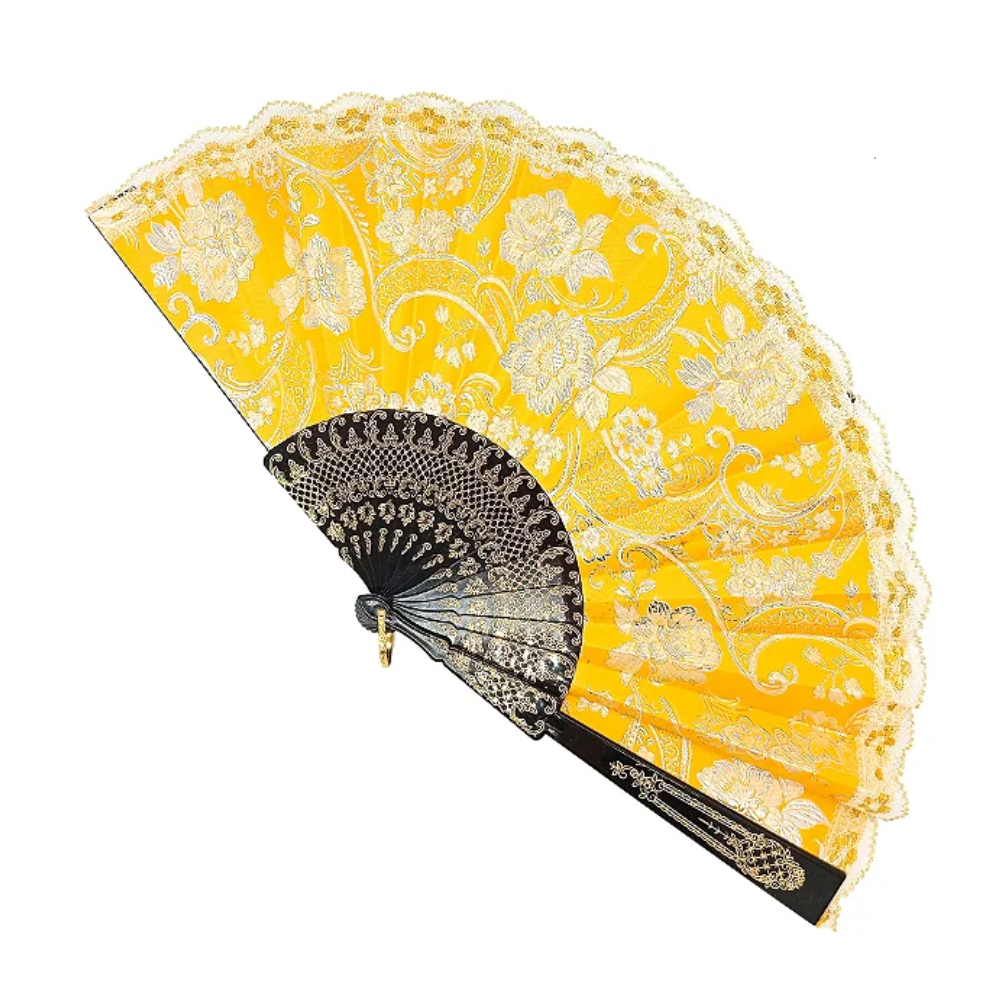 Leque Grande De Luxo Cigana Amarelo Com Renda