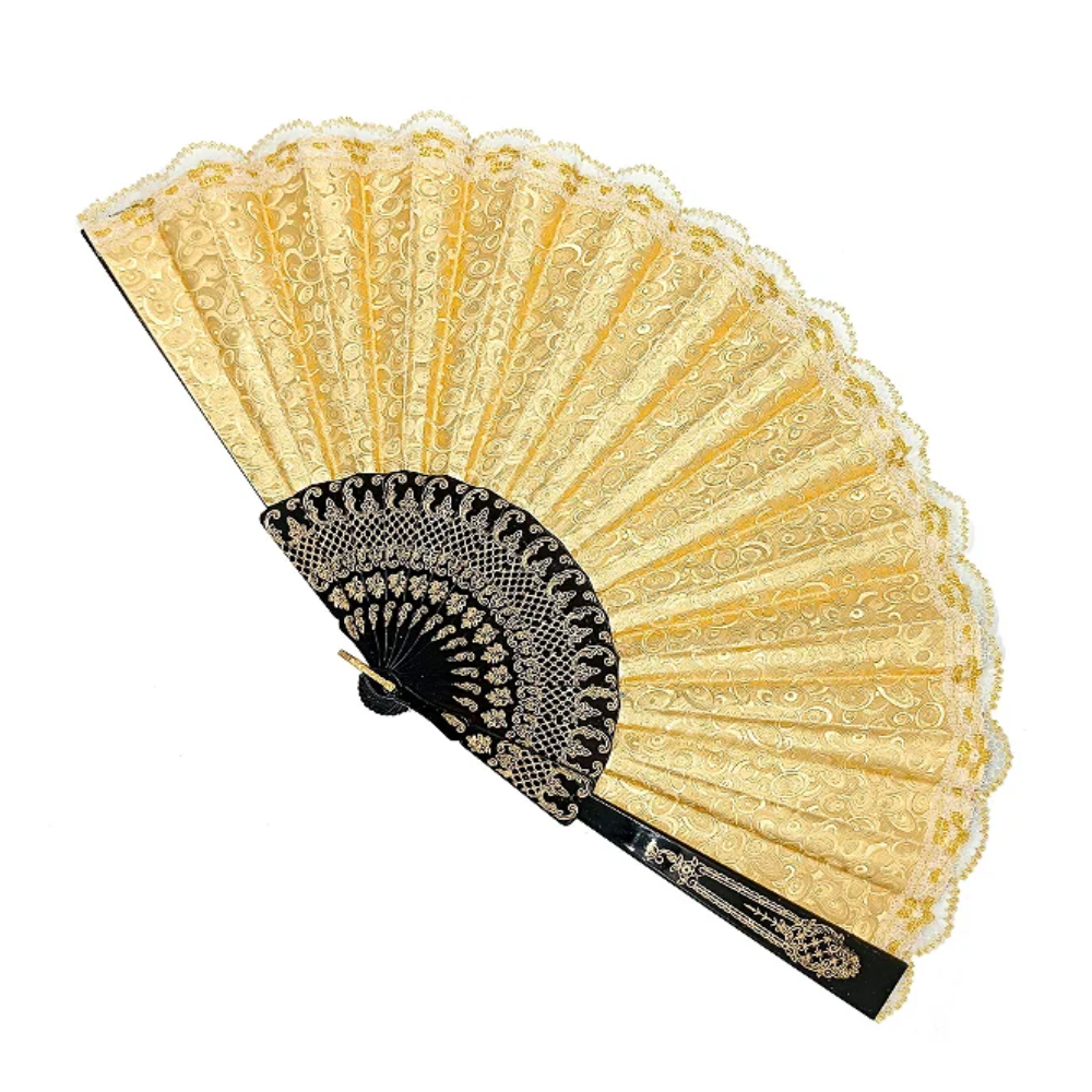 Leque Grande De Luxo Cigana Dourado Com Renda