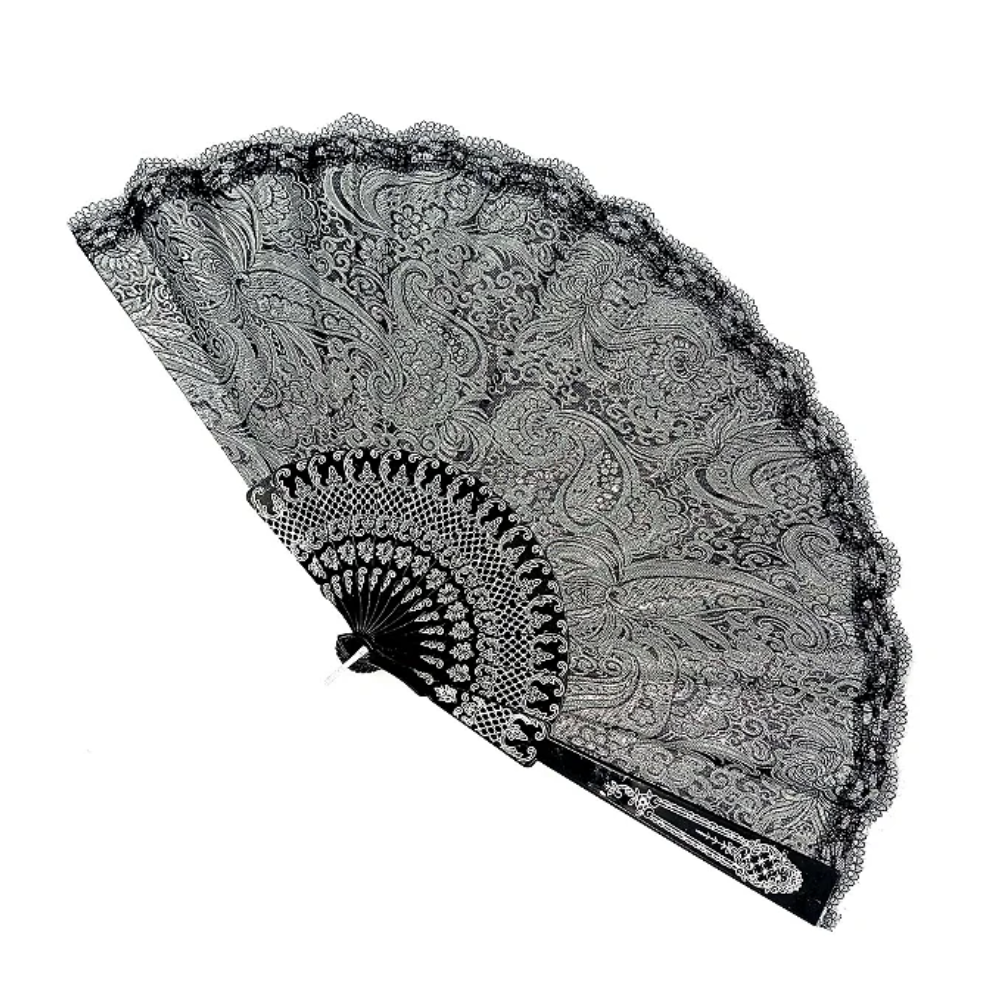 Leque Grande De Luxo Cigana Preto/Prata Com Renda