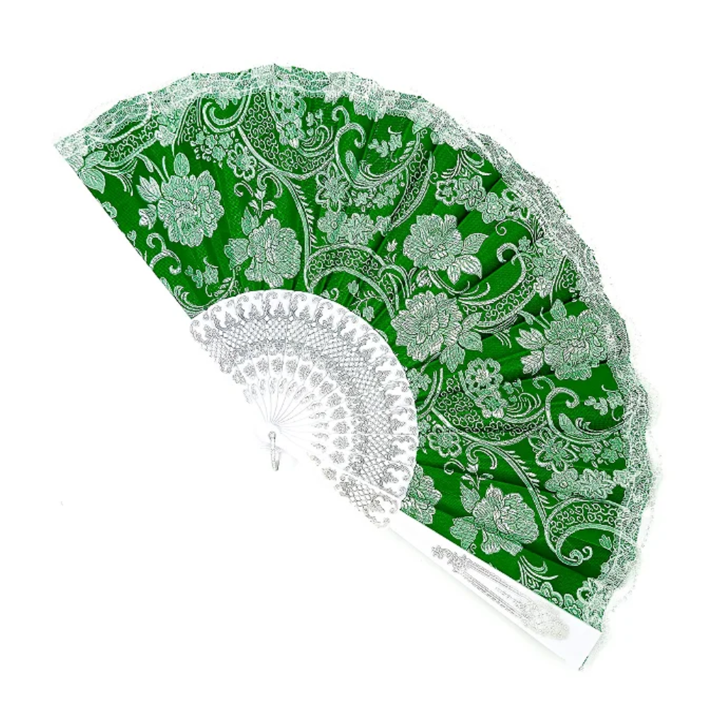 Leque Grande De Luxo Cigana Branco/Verde Com Renda