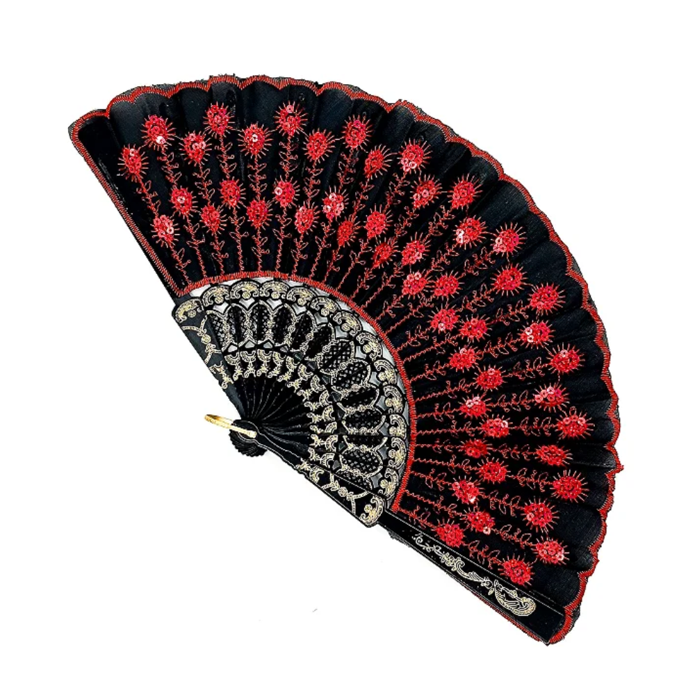 Leque Simples Preto/Vermelho Cigana Com Paete E Renda