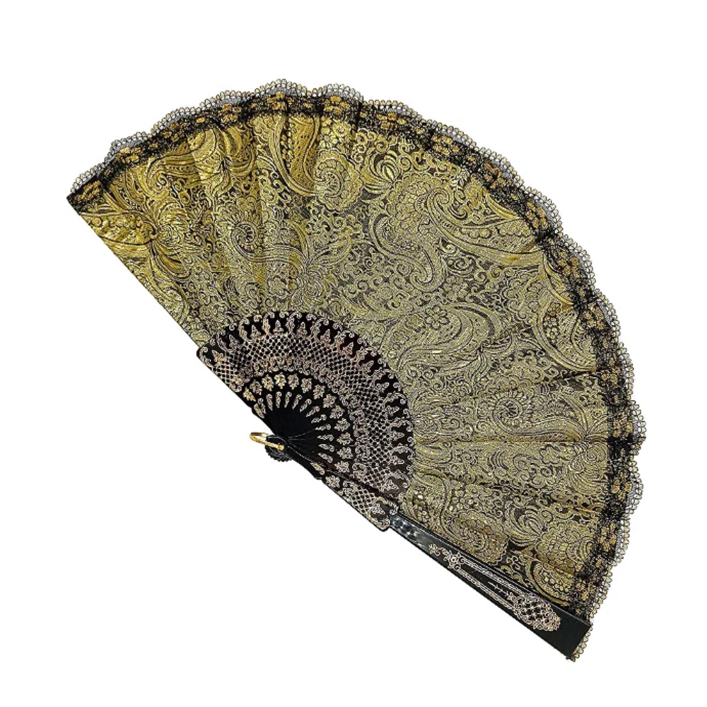 Leque Grande De Luxo Cigana Preto/Dourado Com Renda