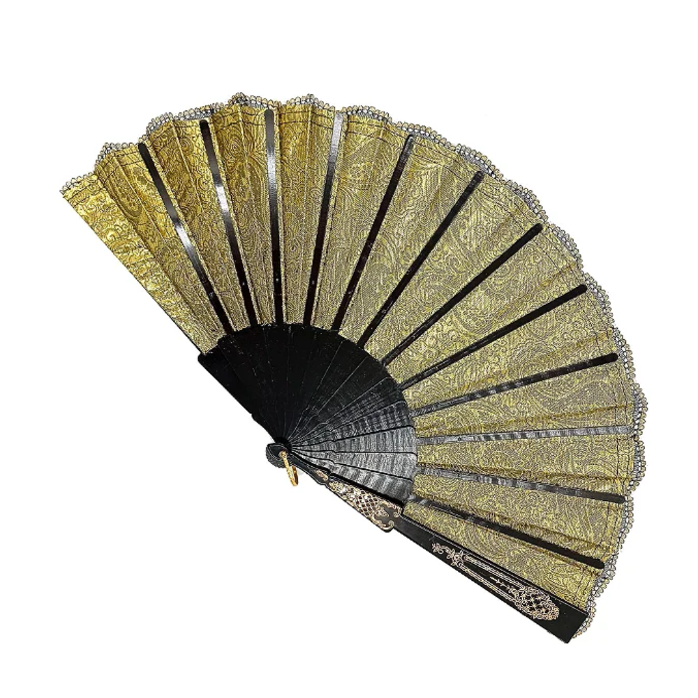 Leque Grande De Luxo Cigana Preto/Dourado Com Renda - Imagem 3