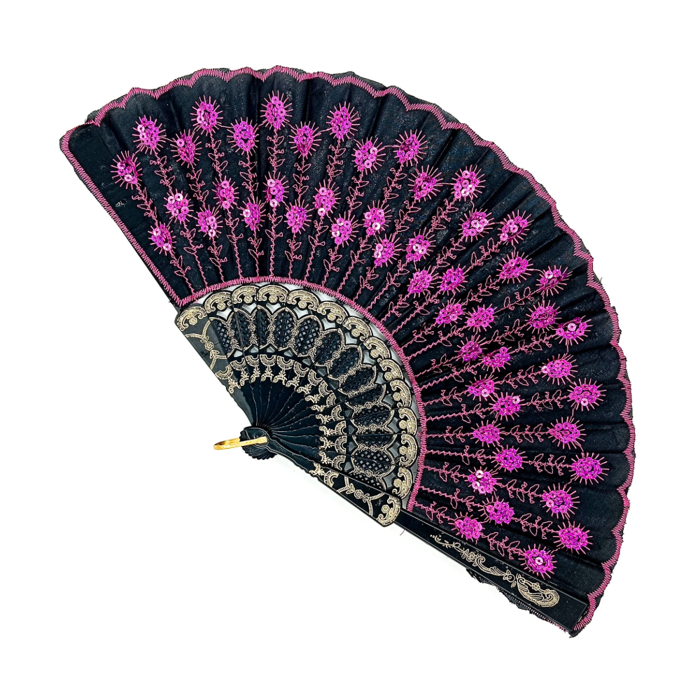 Leque Simples Preto/Rosa Cigana Com Paete E Renda