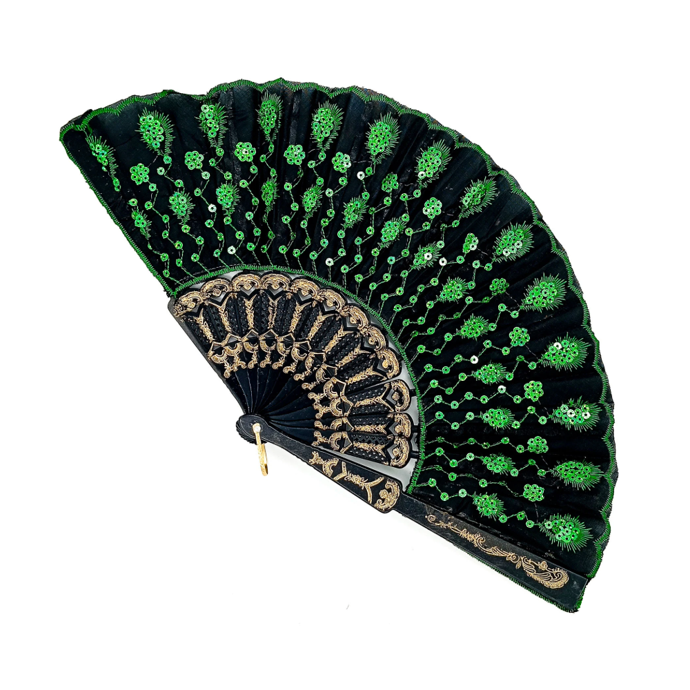 Leque Simples Preto/Verde Cigana Com Paete E Renda