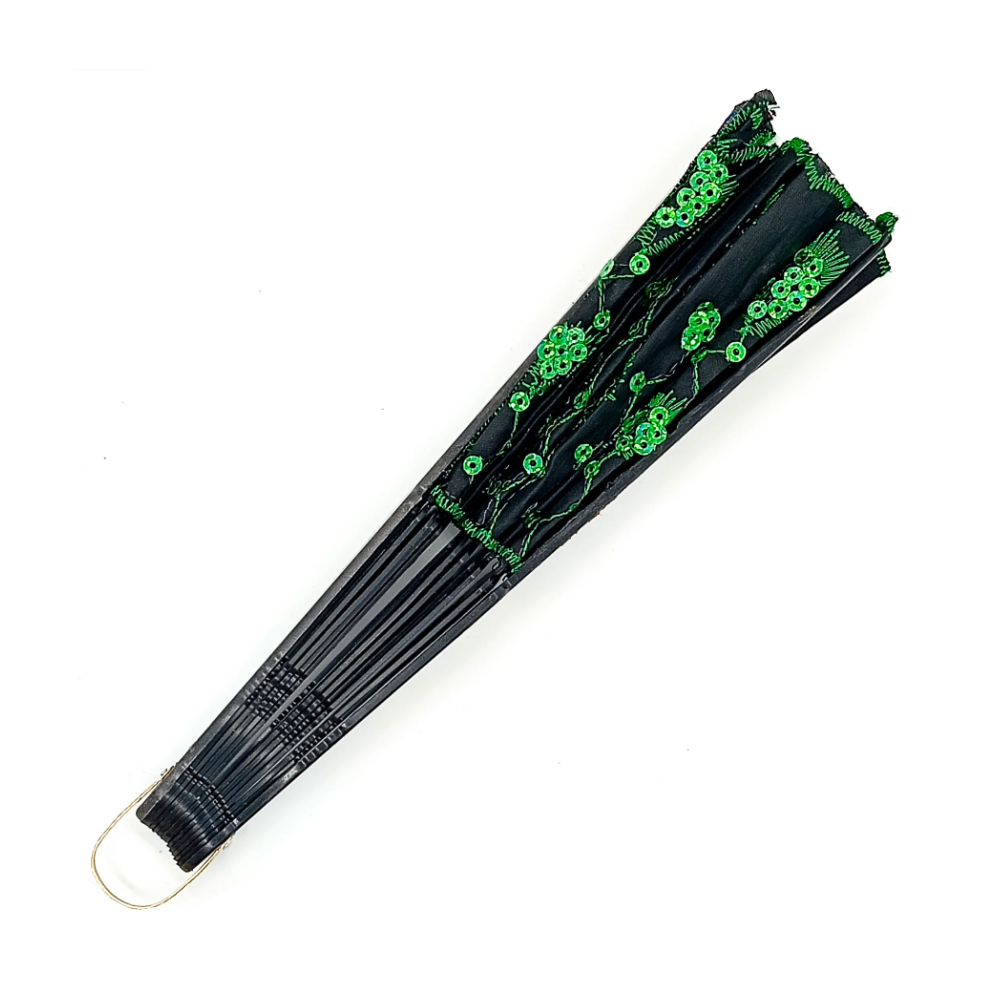 Leque Simples Preto/Verde Cigana Com Paete E Renda - Imagem 2