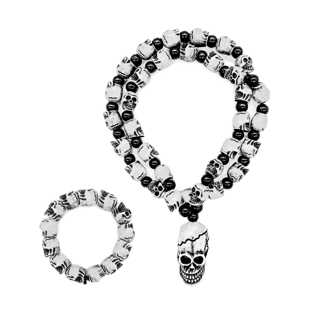 Colar Guia De Caveira Com Pulseira Branco/Preto