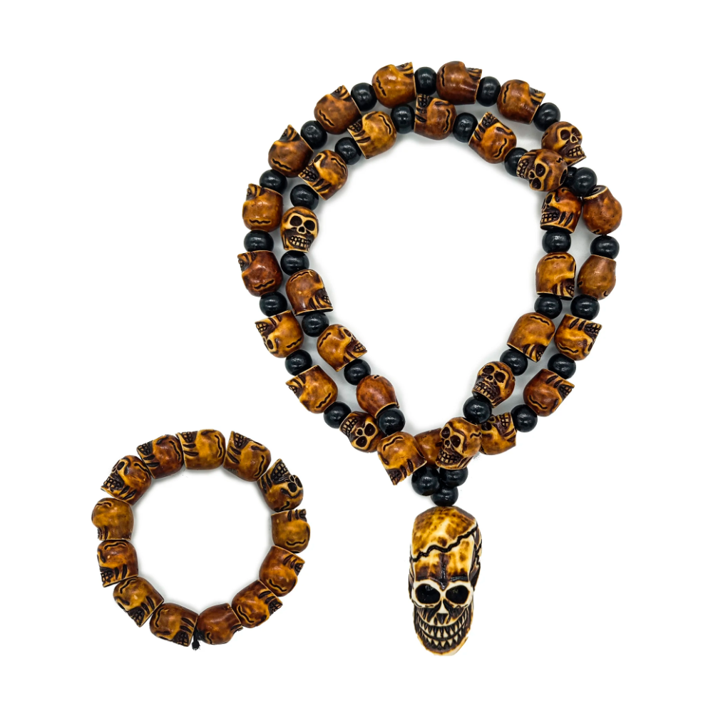 Colar Guia De Caveira Com Pulseira Marrom/Preto