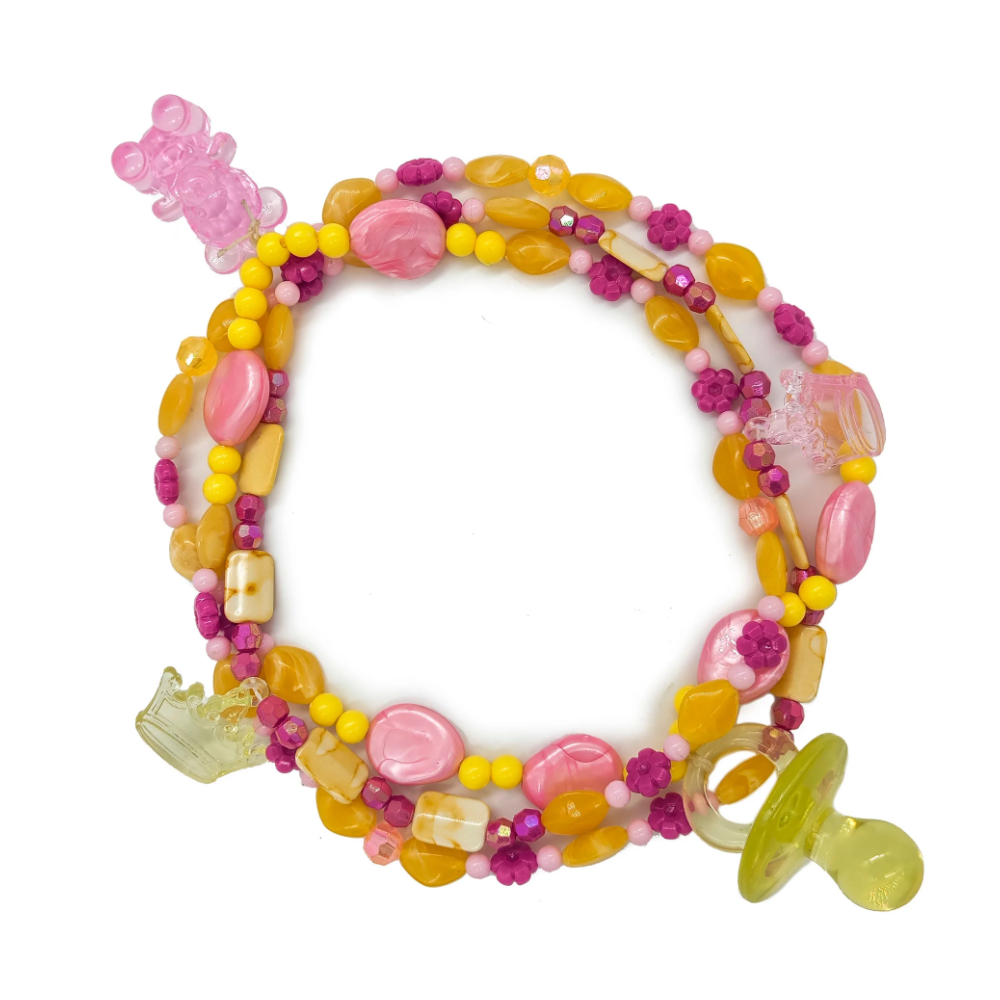 Guia Fio P/ Erê Criança De Umbanda C/ Pingentes Amarelo/Rosa+Chupeta Amarela