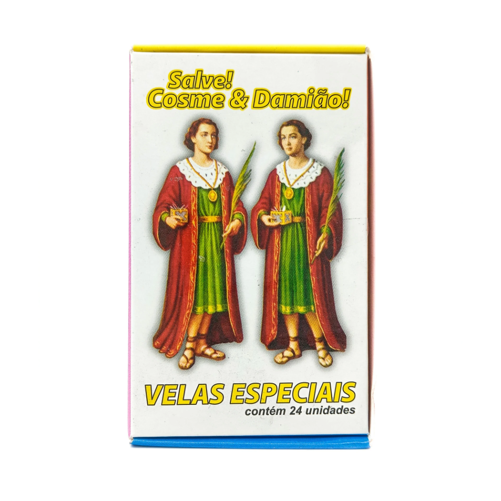 Vela Pequena Especial Cosme E Damião Branco/Azul/Rosa - Imagem 3